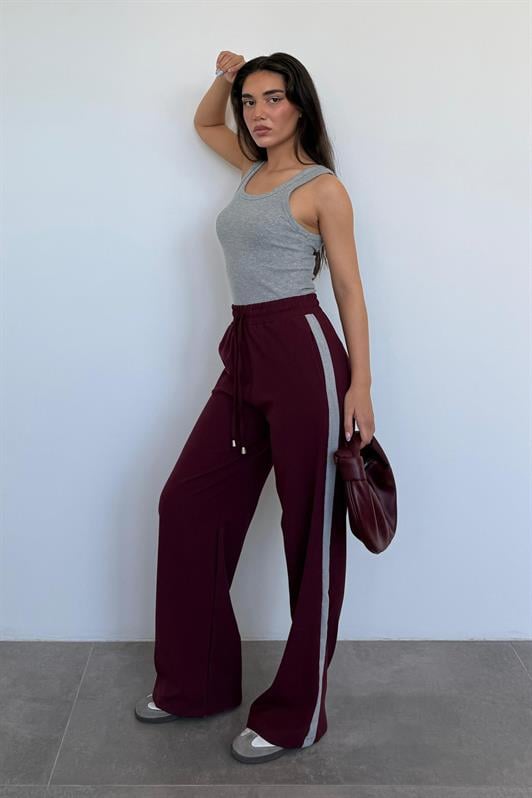 MDX Burgundy Striped Detailed Wide Leg Women's Pants MG2441 - Streatham