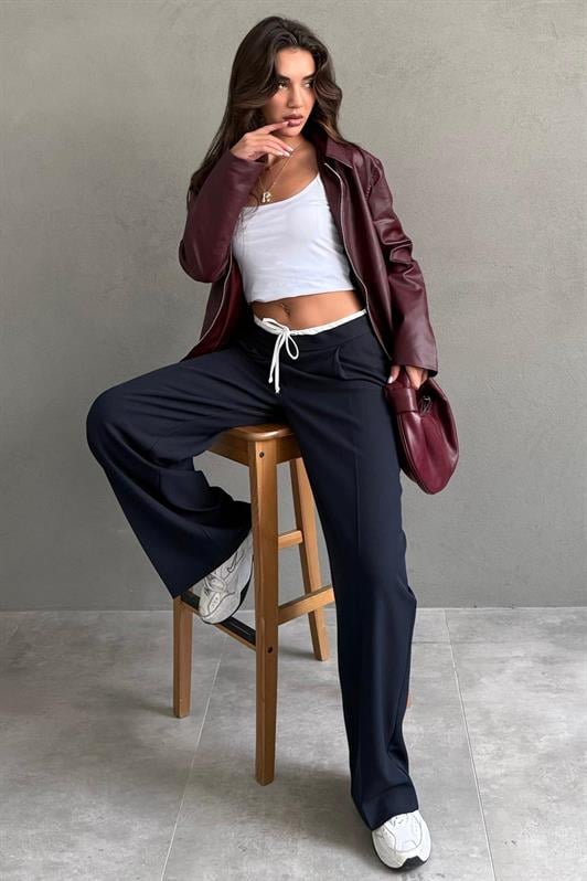 MDX Navy Blue Double Waistband Wide Leg Women's Pants MG2551 - Elizabeth