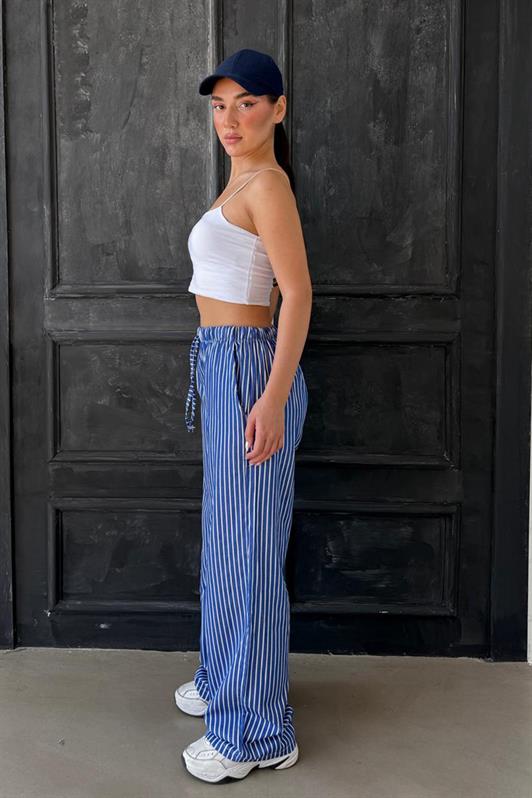 MDX Navy Blue Adjustable Striped Pocketed Wide Leg Women's Pants Mg2312 - Halifax