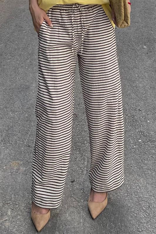 MDX Brown Adjustable Waist Cotton Wide Leg Striped Trousers MG2133 - Klaipėda