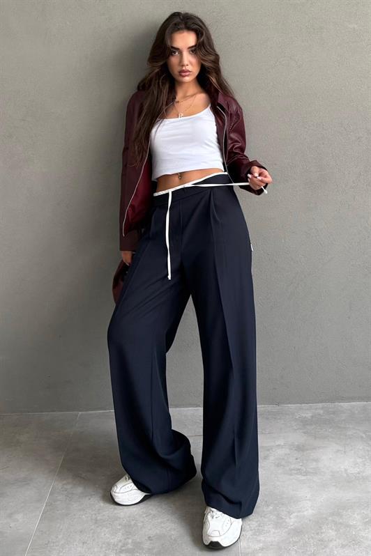 MDX Lacivert Çift Bel Bantlı Wide Leg Kadın Pantolon MG2551 - Terni