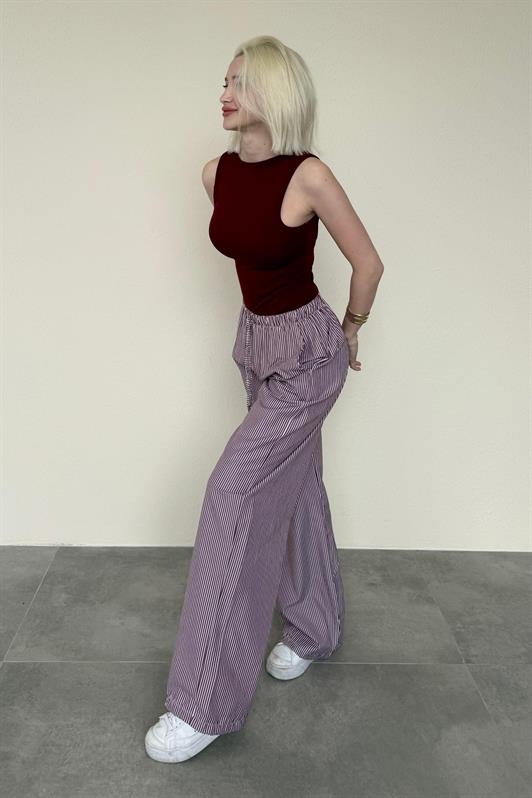 MDX Burgundy High Waist Adjustable Wide Leg Striped Trousers MG2087 - Playas de Rosarito