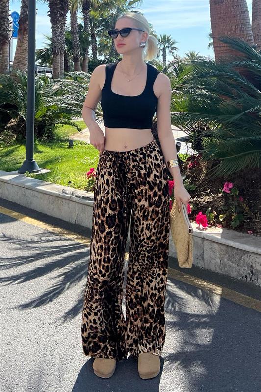 MDX Brown Adjustable Waist Leopard Print Wide Leg Pants MG2095 - Mount Prospect