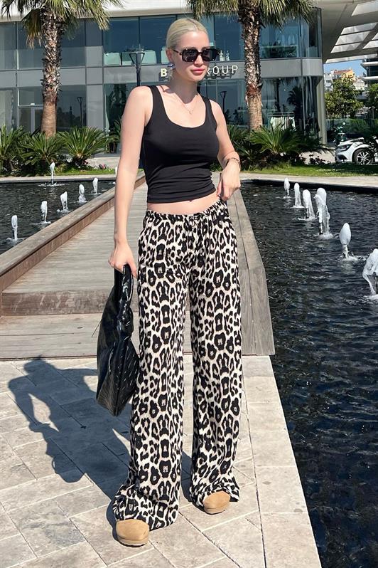 MDX Cream Adjustable Waist Leopard Print Wide Leg Pants MG2095 - Plano
