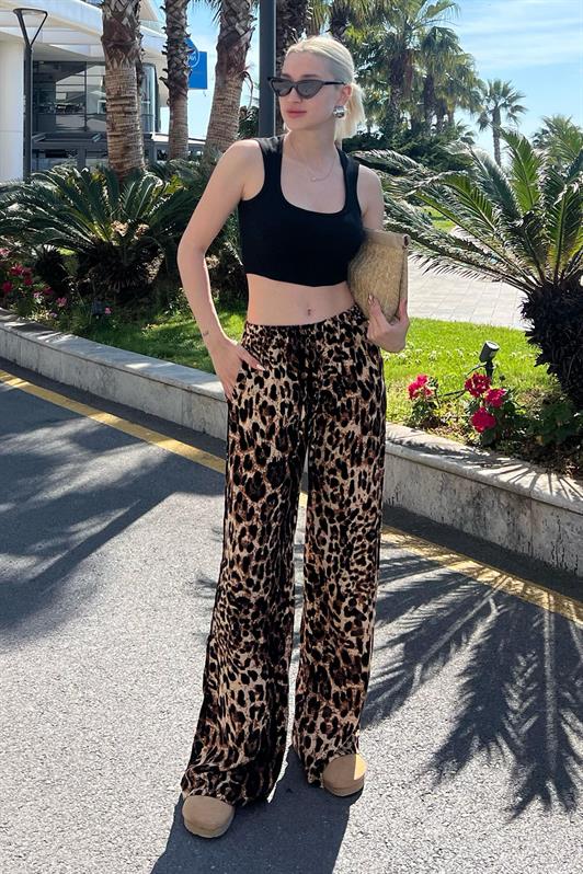 MDX Brown Adjustable Waist Leopard Print Wide Leg Pants MG2095 - Mount Prospect