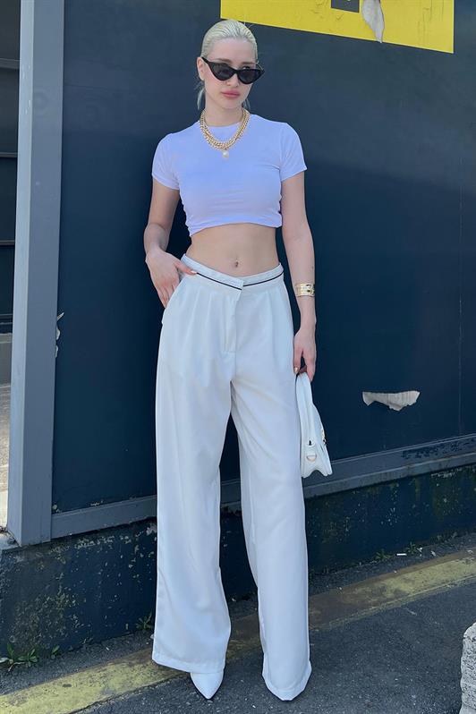 MDX Ecru Belt Detailed Wide Leg Pants MG1834 - Pinto