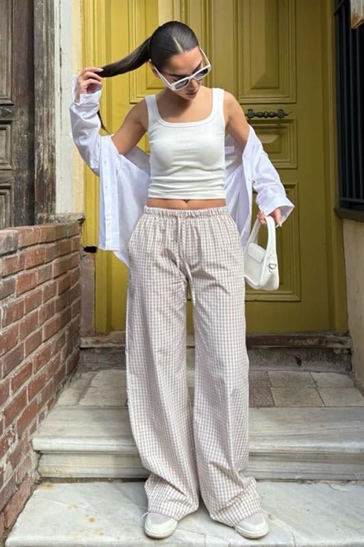 MDX Beige Adjustable Checkered Wide Leg Women's Pants Mg2335 - Makiivka