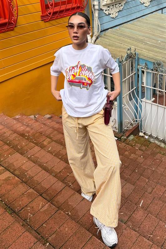 MDX Yellow Adjustable Checkered Wide Leg Women's Pants Mg2335 - Tienen