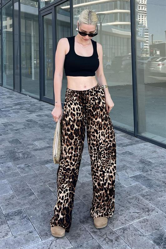 MDX Brown Adjustable Waist Leopard Print Wide Leg Pants MG2095 - Mount Prospect