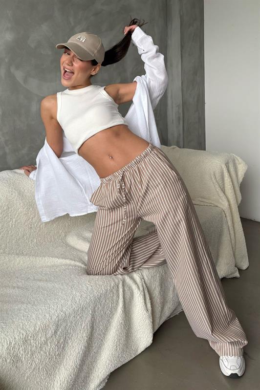 MDX Beige Adjustable Striped Pocketed Wide Leg Women's Pants Mg2312 - Herne Bay