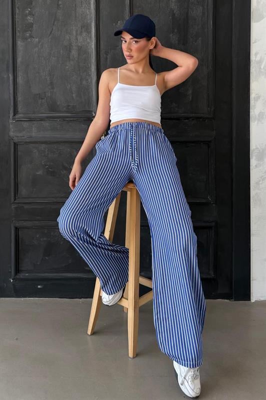 MDX Navy Blue Adjustable Striped Pocketed Wide Leg Women's Pants Mg2312 - Halifax