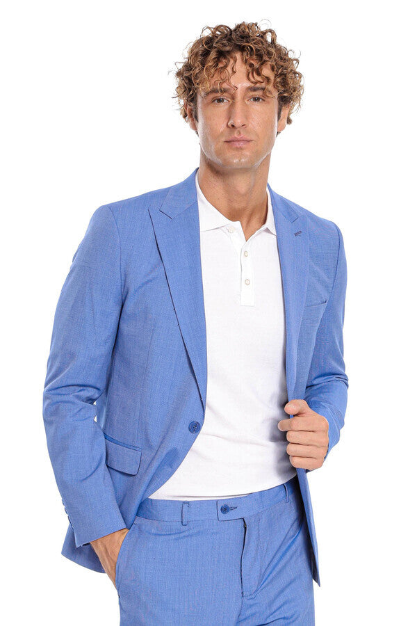 WSS Patterned 2 Piece Slim Fit Light Blue Men Suit  - Peristéri