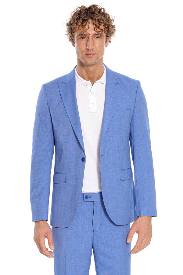 WSS Patterned 2 Piece Slim Fit Light Blue Men Suit  - Peristéri