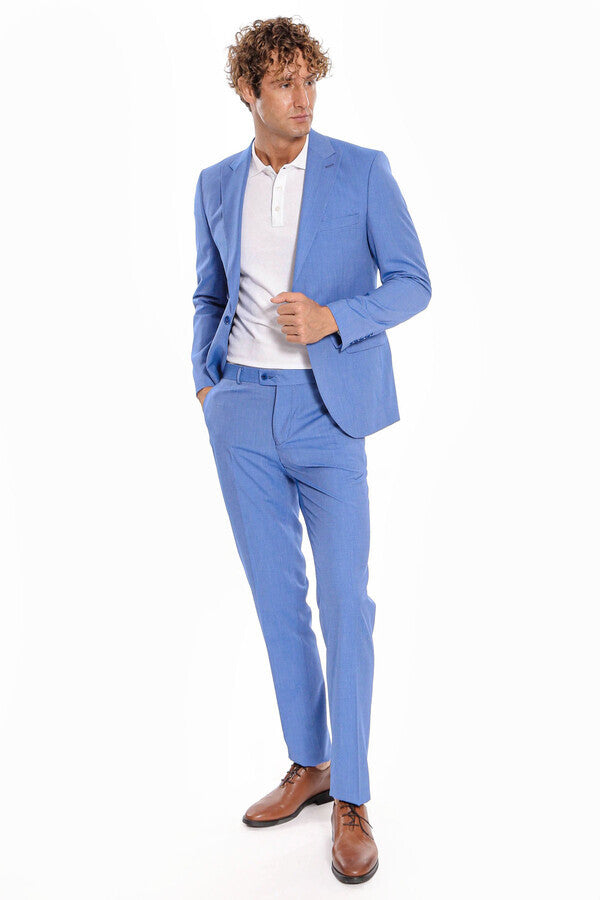 WSS Patterned 2 Piece Slim Fit Light Blue Men Suit  - Peristéri