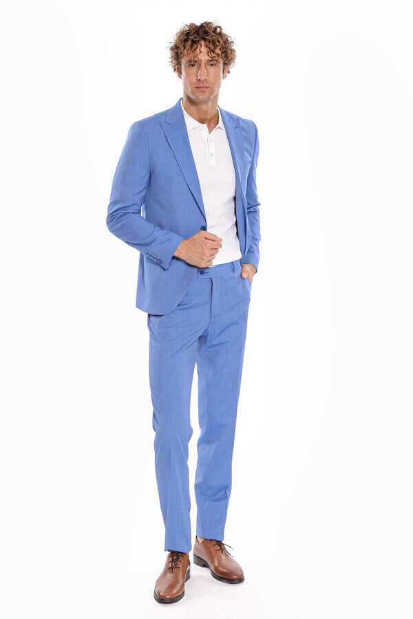 WSS Patterned 2 Piece Slim Fit Light Blue Men Suit  - Peristéri
