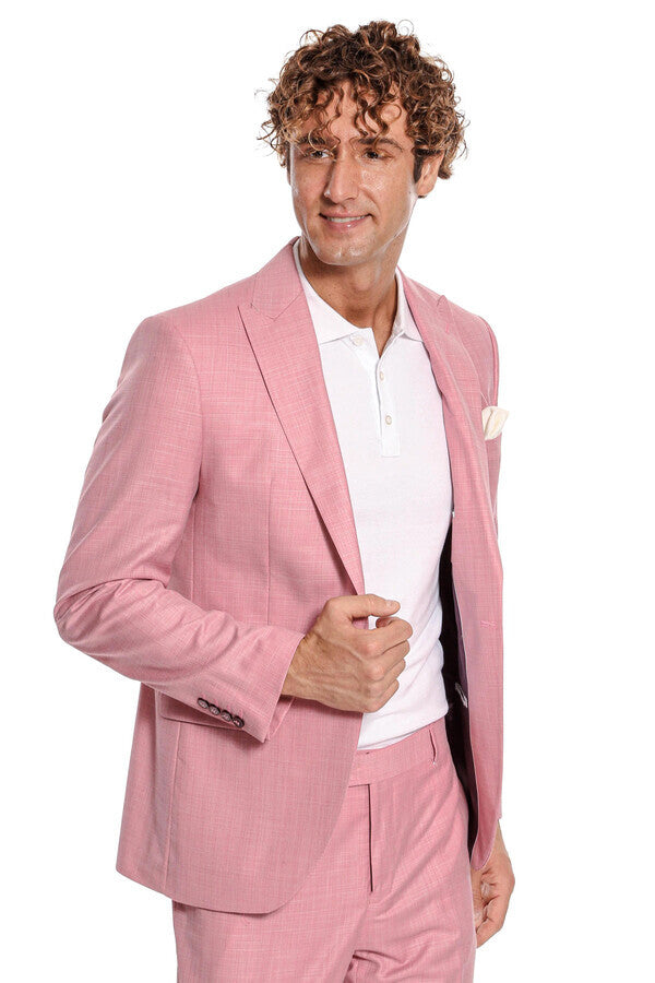 WSS Patterned 2 Piece Slim Fit Pink Men Suit  - Voghera