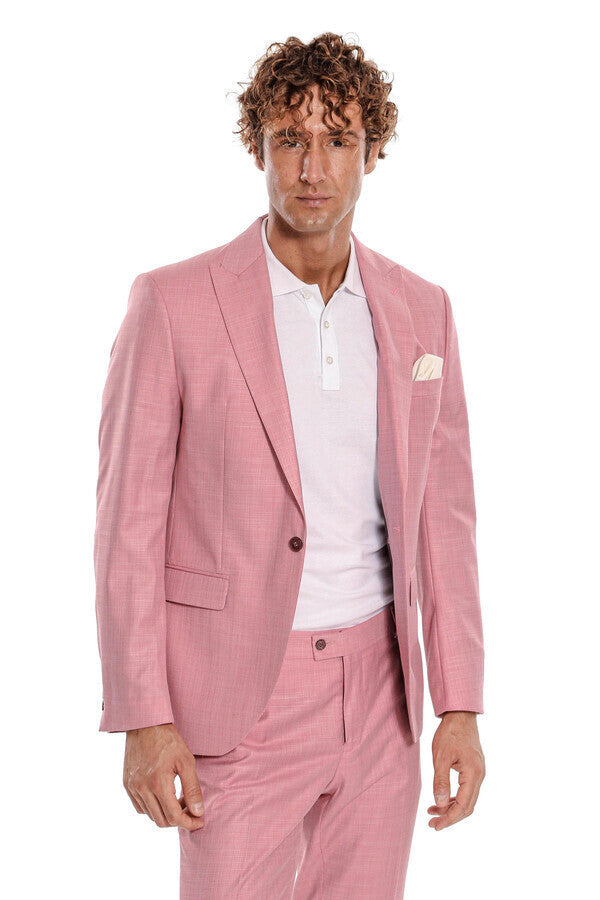 WSS Patterned 2 Piece Slim Fit Pink Men Suit  - Voghera