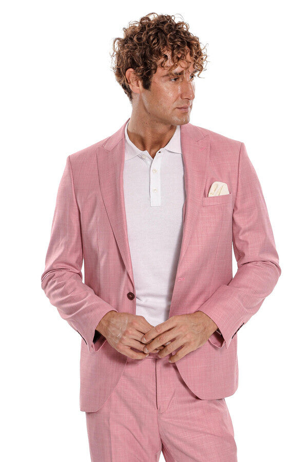 WSS Patterned 2 Piece Slim Fit Pink Men Suit  - Voghera