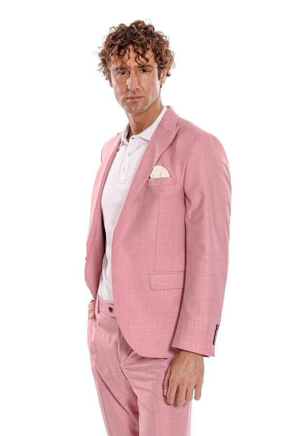 WSS Patterned 2 Piece Slim Fit Pink Men Suit  - Voghera