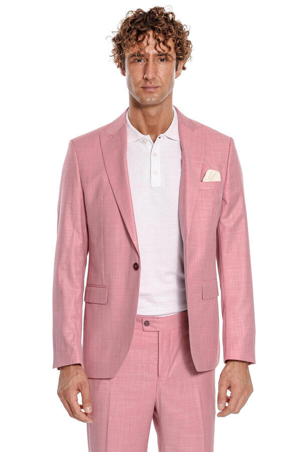 WSS Patterned 2 Piece Slim Fit Pink Men Suit  - Voghera