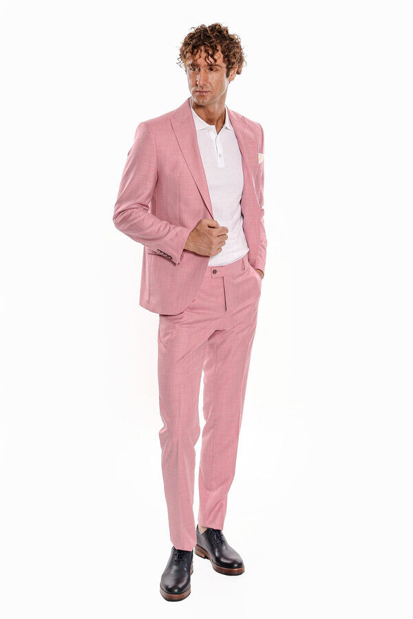 WSS Patterned 2 Piece Slim Fit Pink Men Suit  - Voghera