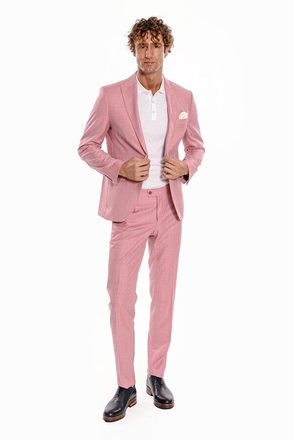 WSS Patterned 2 Piece Slim Fit Pink Men Suit  - Voghera