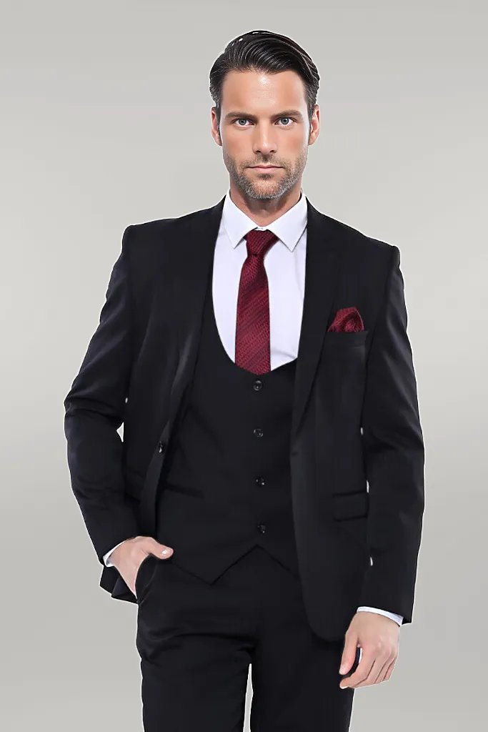 WSS Patterned Black Vested Suit  - Gouda