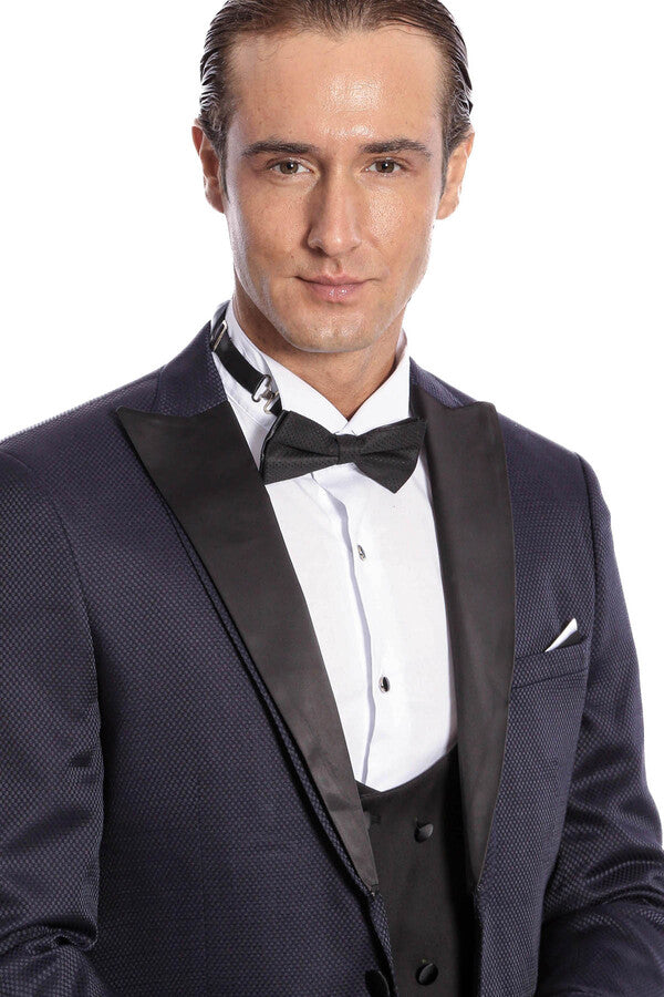 WSS Patterned Combined Navy Blue Men Tuxedo  - Varash