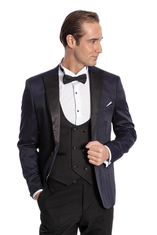 WSS Patterned Combined Navy Blue Men Tuxedo  - Varash