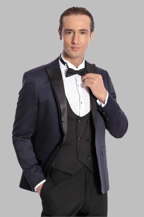 WSS Patterned Combined Navy Blue Men Tuxedo  - Varash