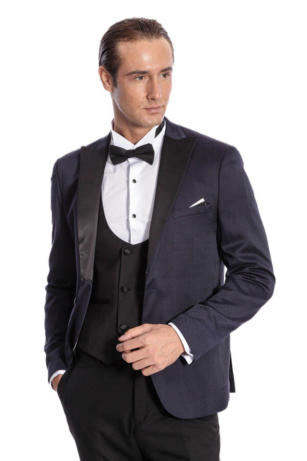 WSS Patterned Combined Navy Blue Men Tuxedo  - Varash