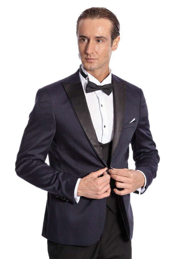 WSS Patterned Combined Navy Blue Men Tuxedo  - Varash