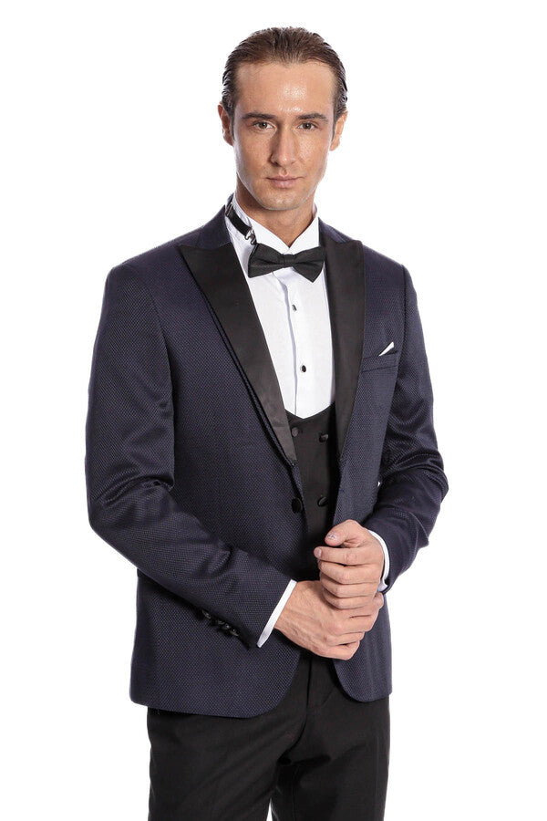 WSS Patterned Combined Navy Blue Men Tuxedo  - Varash