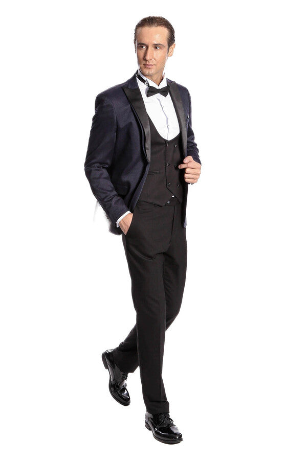 WSS Patterned Combined Navy Blue Men Tuxedo  - Varash