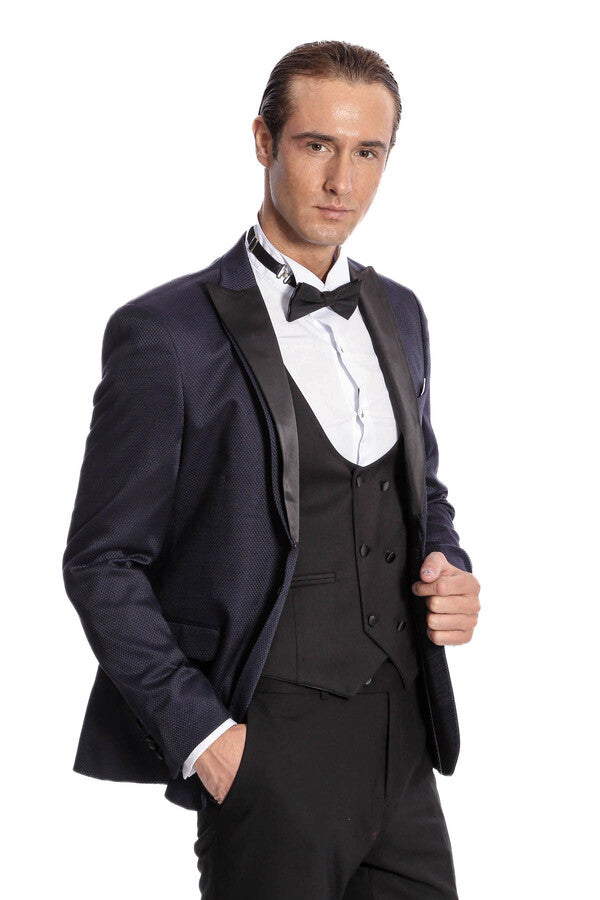 WSS Patterned Combined Navy Blue Men Tuxedo  - Varash