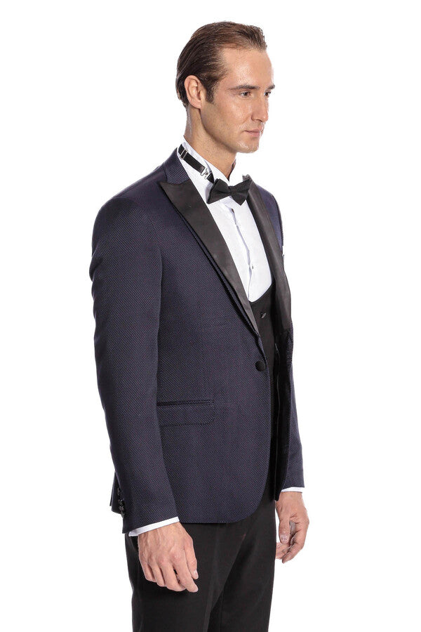 WSS Patterned Combined Navy Blue Men Tuxedo  - Varash