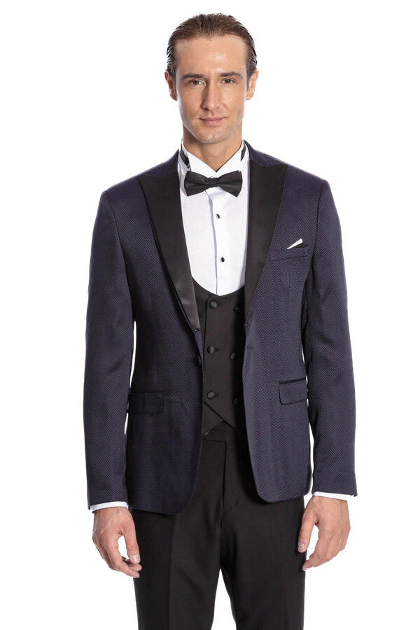 WSS Patterned Combined Navy Blue Men Tuxedo  - Varash