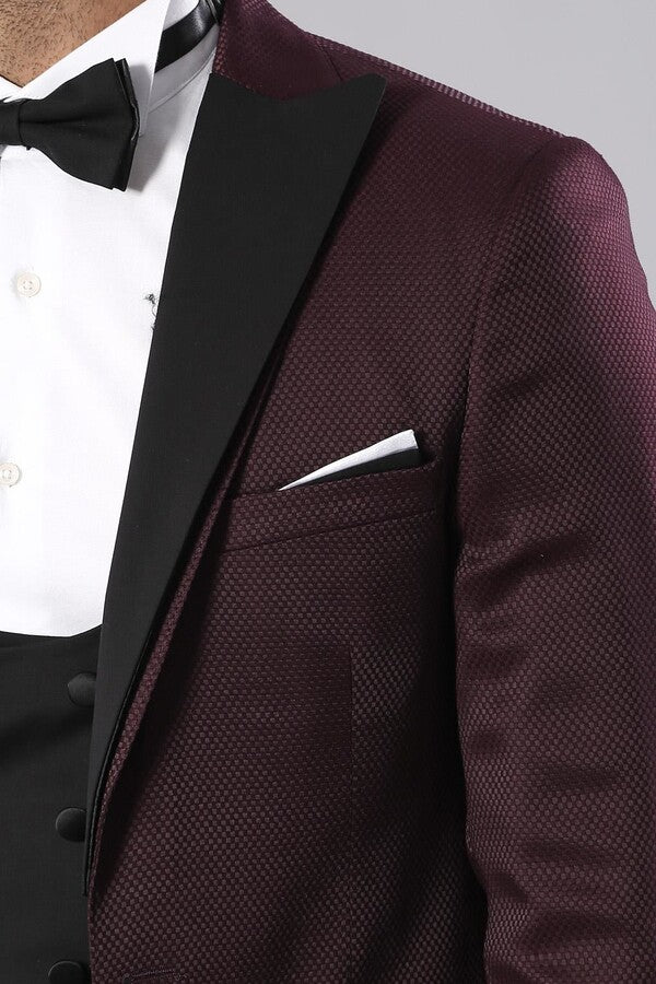 WSS Patterned Blazer Plain Vest and Trousers Claret Red Tuxedo  - Singen