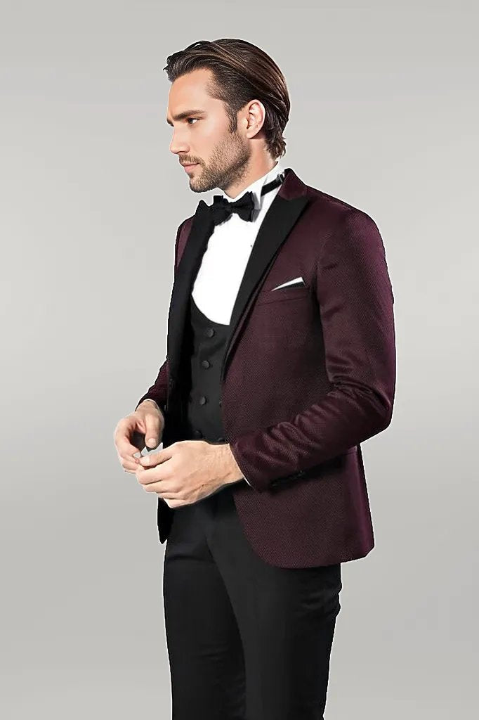 WSS Patterned Blazer Plain Vest and Trousers Claret Red Tuxedo  - Singen
