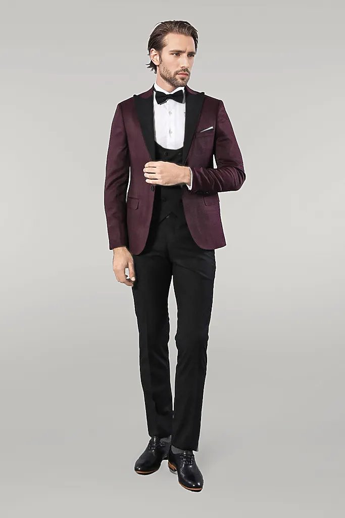 WSS Patterned Blazer Plain Vest and Trousers Claret Red Tuxedo  - Singen