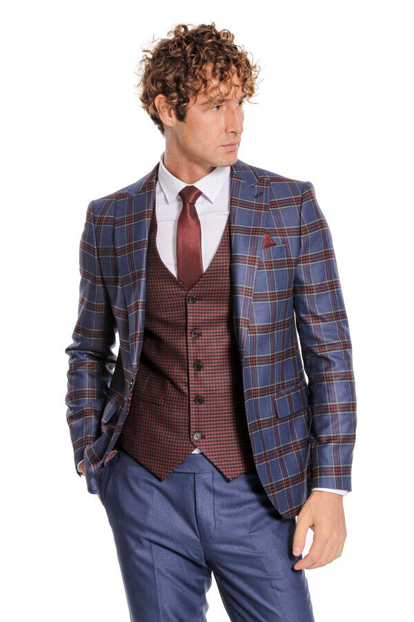 WSS Patterned Checked Slim Fit Blue Men Suit  - Fresnillo