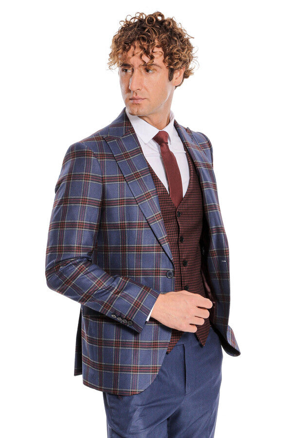 WSS Patterned Checked Slim Fit Blue Men Suit  - Fresnillo