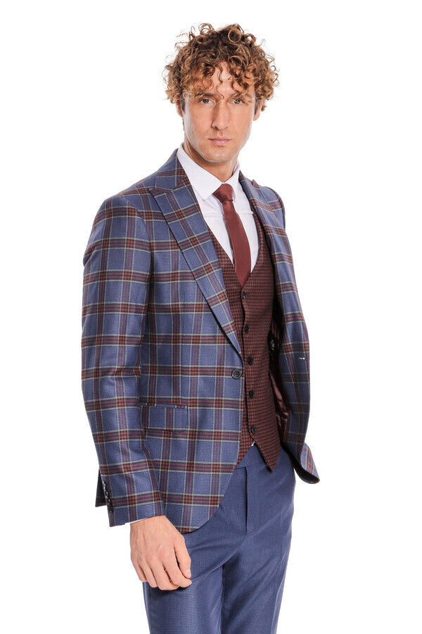WSS Patterned Checked Slim Fit Blue Men Suit  - Fresnillo