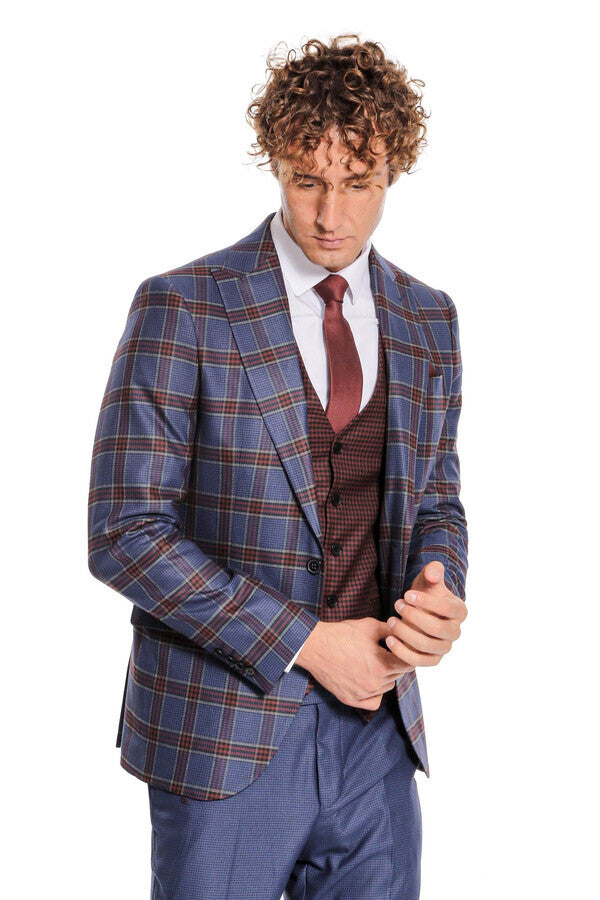 WSS Patterned Checked Slim Fit Blue Men Suit  - Fresnillo