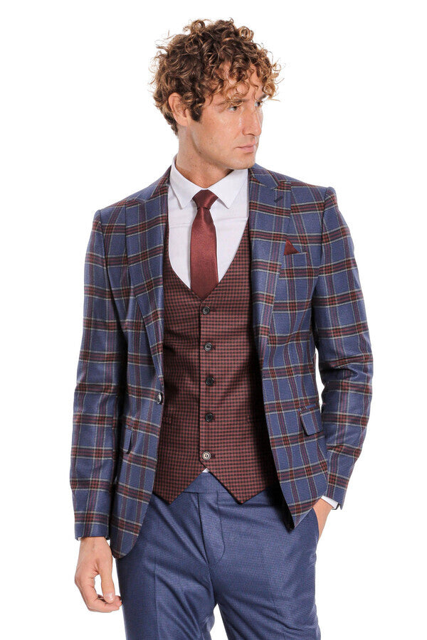 WSS Patterned Checked Slim Fit Blue Men Suit  - Fresnillo