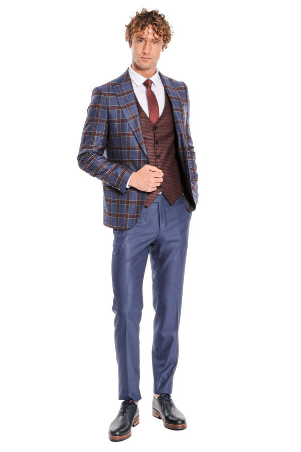 WSS Patterned Checked Slim Fit Blue Men Suit  - Fresnillo