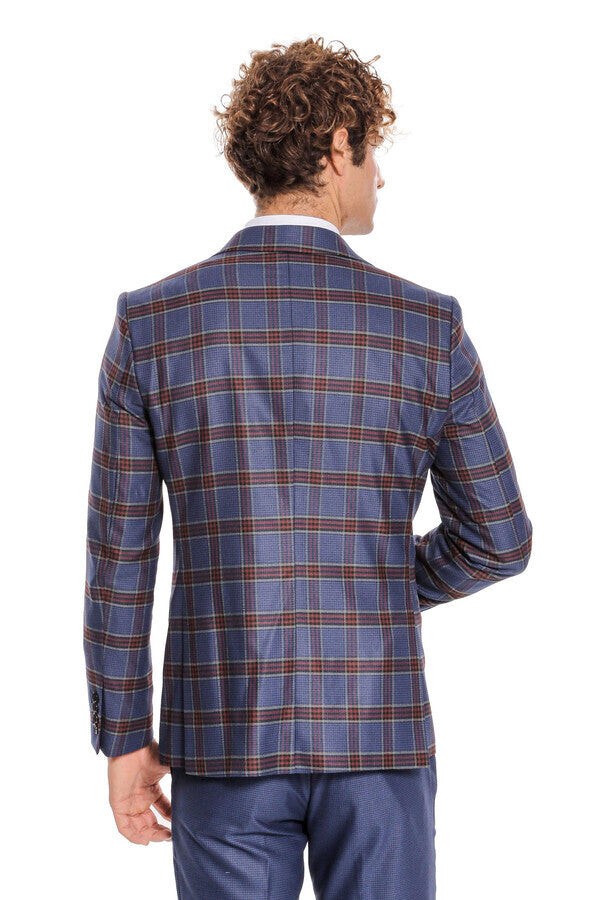 WSS Patterned Checked Slim Fit Blue Men Suit  - Fresnillo