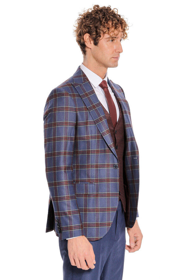 WSS Patterned Checked Slim Fit Blue Men Suit  - Fresnillo