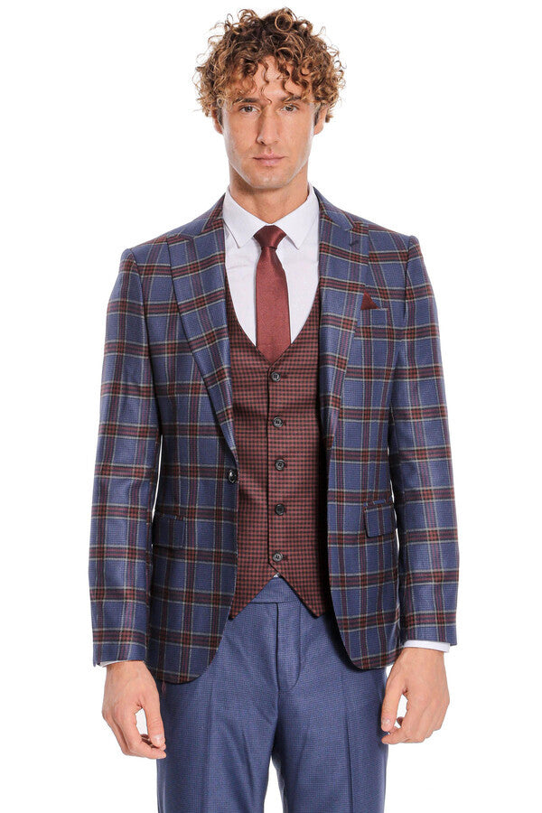 WSS Patterned Checked Slim Fit Blue Men Suit  - Fresnillo