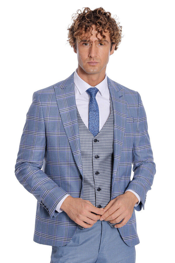 WSS Patterned Checked Slim Fit Blue Men Suit  - Grande Prairie